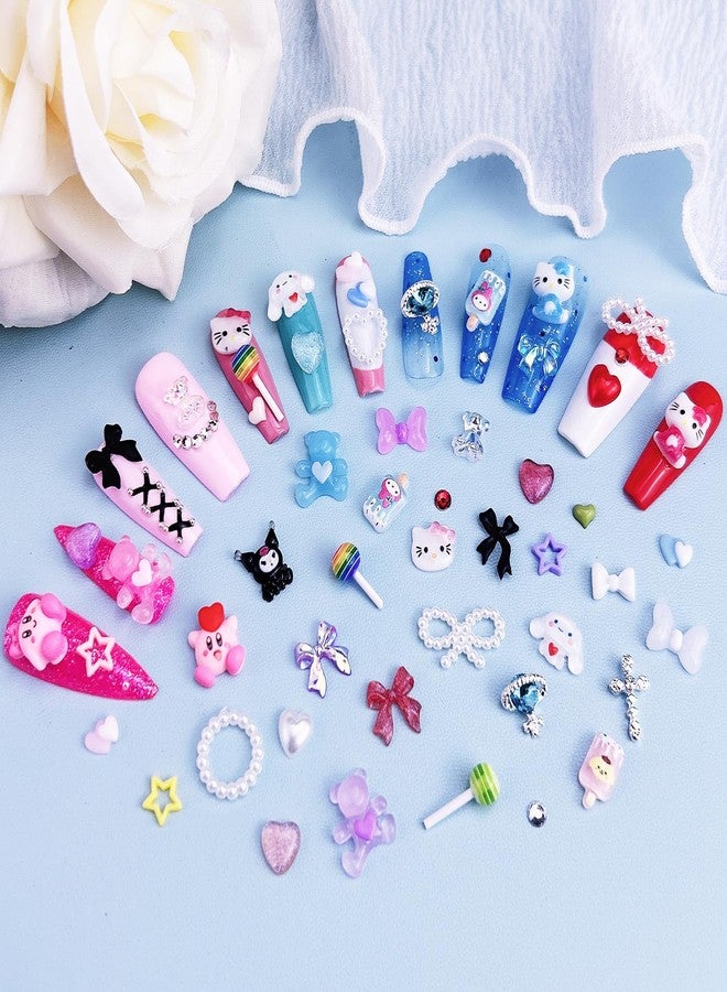 Briskbloom Mix Assorted 3D Nail Charms Kawaii Kitty Bowknot Lollipop Bear Planet Cross Nail Charm Supplies with Rhinestones Pearls Cartoon Nail Gems for Nail Design DIY Crafts Accessories - Image 4